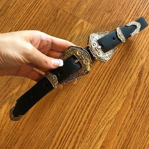Western style waist belt double buckle black
